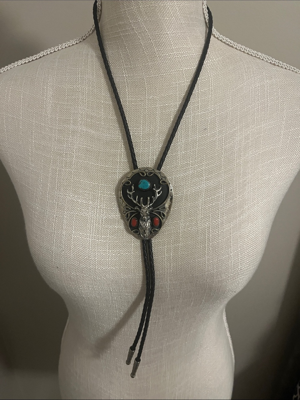 Men's Black Western Deer Bolo Tie with Turquoise and Red Stones
